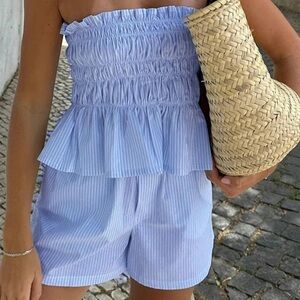 Two-Piece Set Women’s Striped Print Tube Top and Short Set - Blue